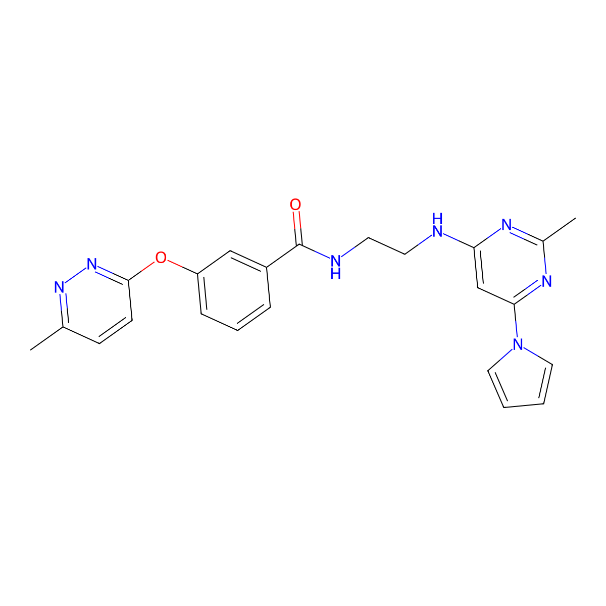 N-(2-((2-methyl-6-(1H-pyrrol-1-yl)pyrimidin-4-yl)amino)ethyl)-3-((6-methylpyridazin-3-yl)oxy)benzamide molecular structure, CAS 1421496-62-9
