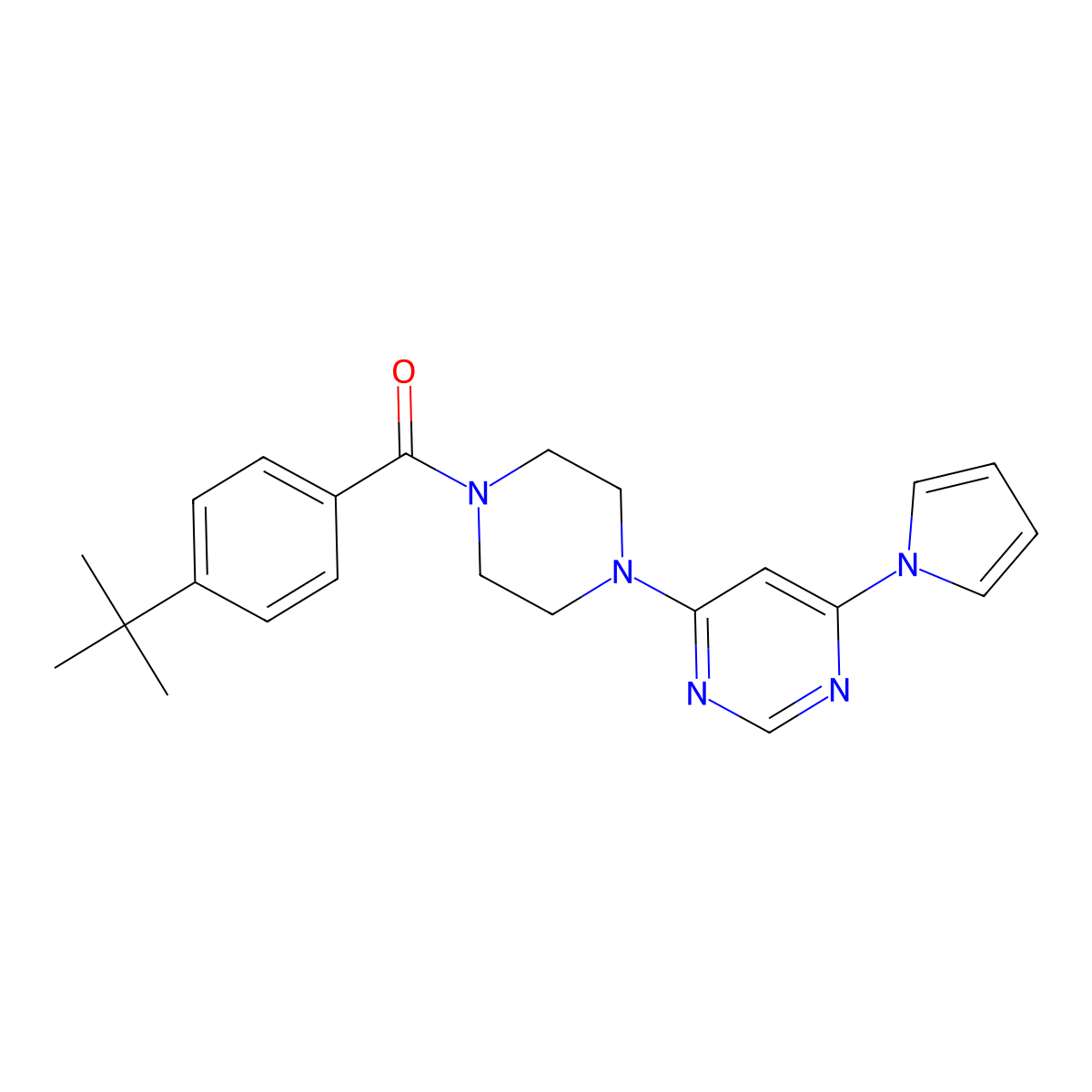 (4-(6-(1H-pyrrol-1-yl)pyrimidin-4-yl)piperazin-1-yl)(4-(tert-butyl)phenyl)methanone molecular structure, CAS 1421496-69-6