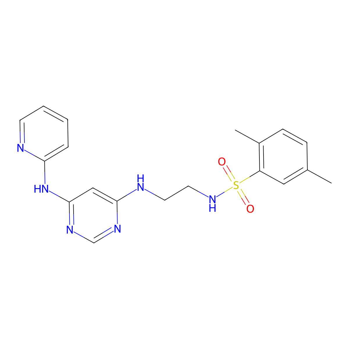2,5-dimethyl-N-(2-((6-(pyridin-2-ylamino)pyrimidin-4-yl)amino)ethyl)benzenesulfonamide molecular structure, CAS 1421496-74-3