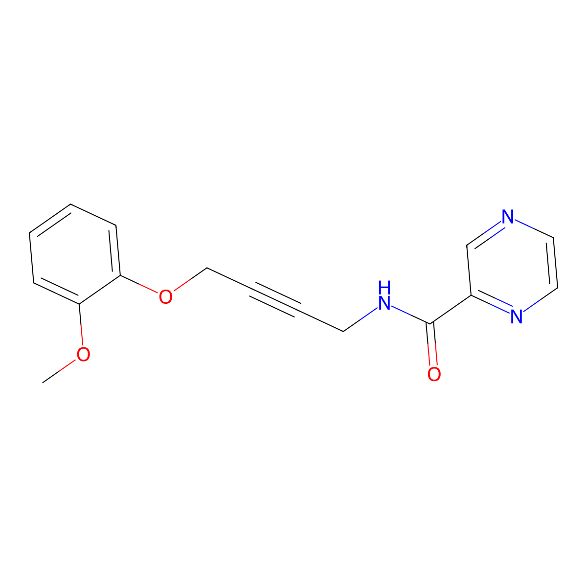 N-(4-(2-methoxyphenoxy)but-2-yn-1-yl)pyrazine-2-carboxamide molecular structure, CAS 1421496-77-6