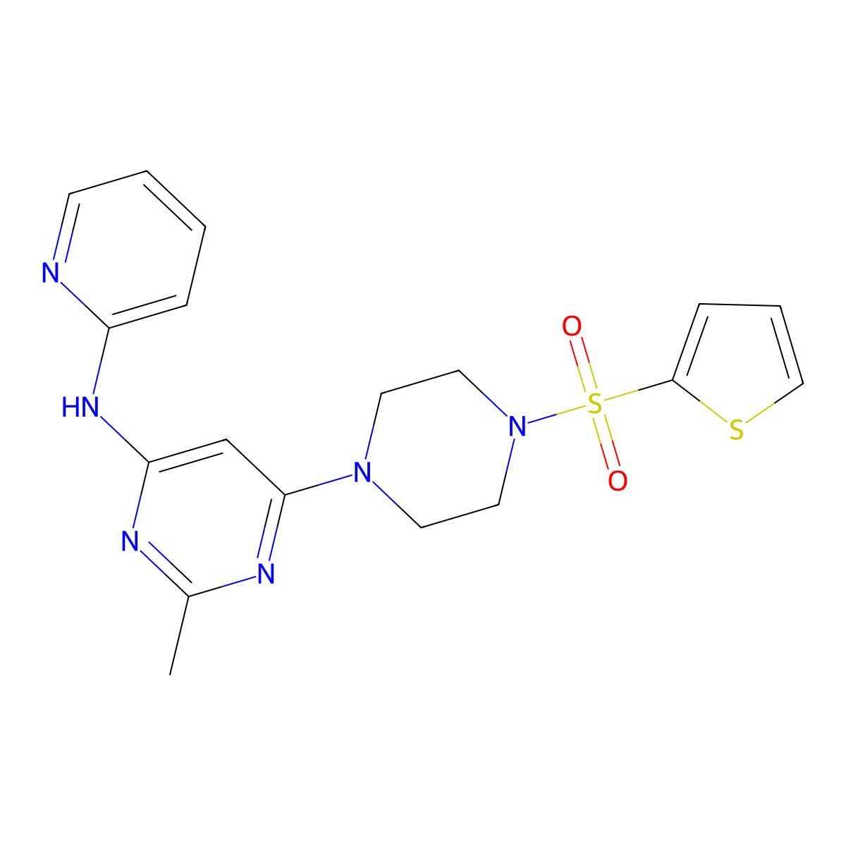 2-methyl-N-(pyridin-2-yl)-6-(4-(thiophen-2-ylsulfonyl)piperazin-1-yl)pyrimidin-4-amine molecular structure, CAS 1421496-84-5