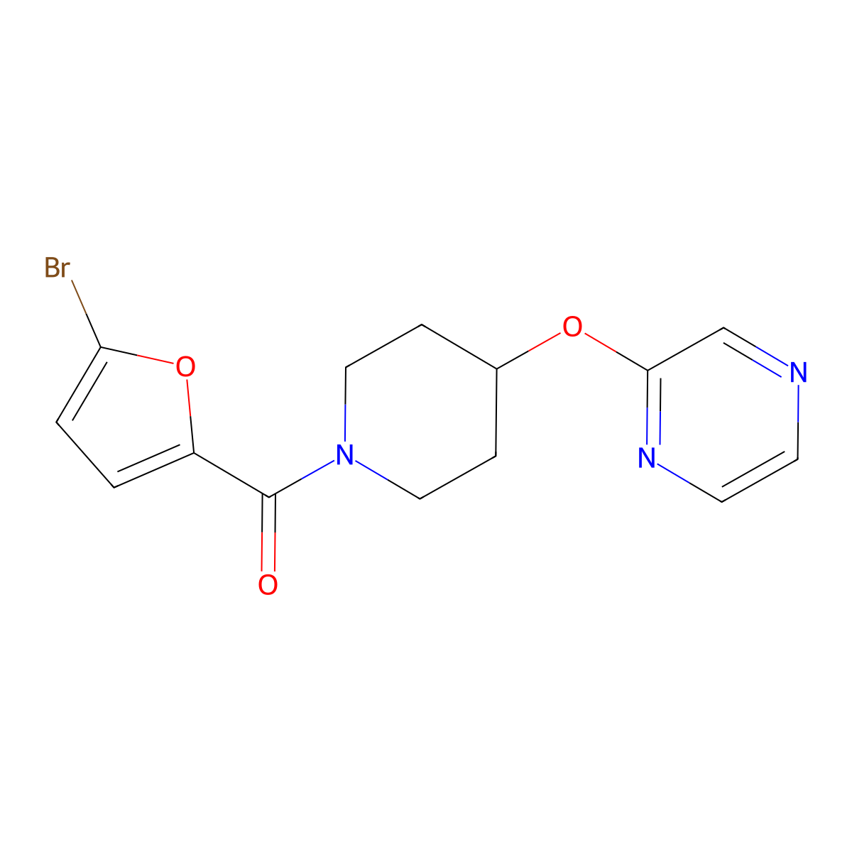(5-Bromofuran-2-yl)(4-(pyrazin-2-yloxy)piperidin-1-yl)methanone molecular structure, CAS 1421497-11-1