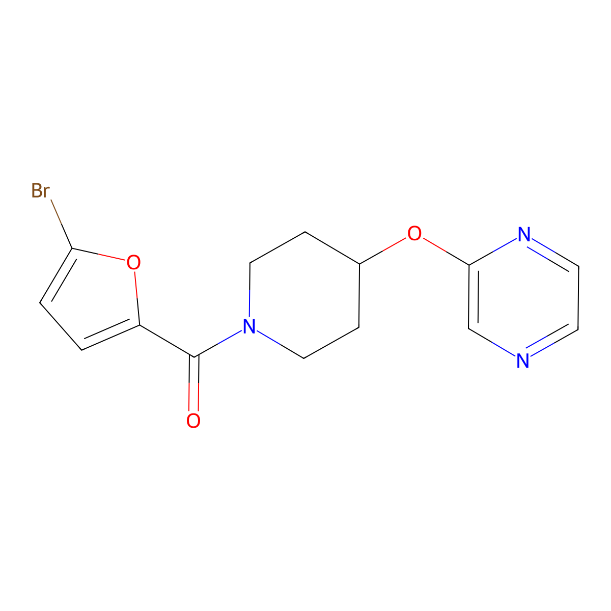(5-Bromofuran-2-yl)(4-(pyrazin-2-yloxy)piperidin-1-yl)methanone molecular structure, CAS 1421497-11-1