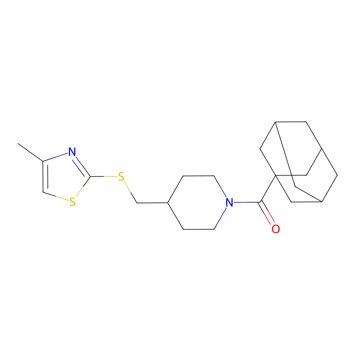 (1s,3s)-Adamantan-1-yl(4-(((4-methylthiazol-2-yl)thio)methyl)piperidin-1-yl)methanone molecular structure, CAS 1421497-16-6