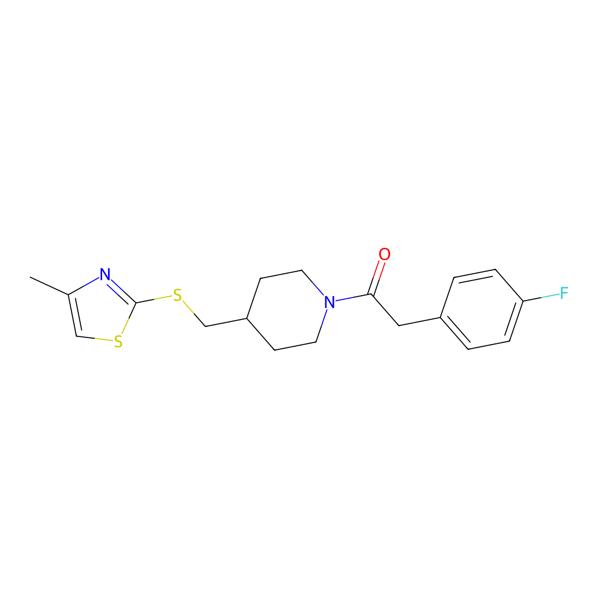 2-(4-Fluorophenyl)-1-(4-(((4-methylthiazol-2-yl)thio)methyl)piperidin-1-yl)ethanone molecular structure, CAS 1421497-23-5