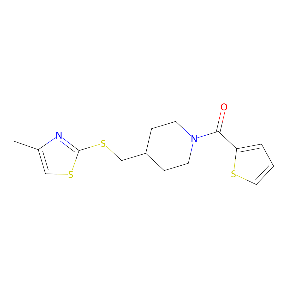 (4-(((4-Methylthiazol-2-yl)thio)methyl)piperidin-1-yl)(thiophen-2-yl)methanone molecular structure, CAS 1421497-28-0