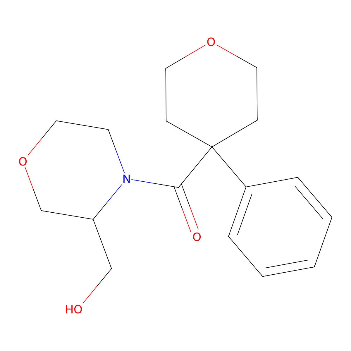 (3-(hydroxymethyl)morpholino)(4-phenyltetrahydro-2H-pyran-4-yl)methanone molecular structure, CAS 1421497-31-5