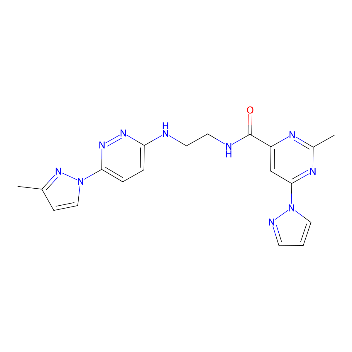 2-methyl-N-(2-{[6-(3-methyl-1H-pyrazol-1-yl)pyridazin-3-yl]amino}ethyl)-6-(1H-pyrazol-1-yl)pyrimidine-4-carboxamide molecular structure, CAS 1421497-32-6