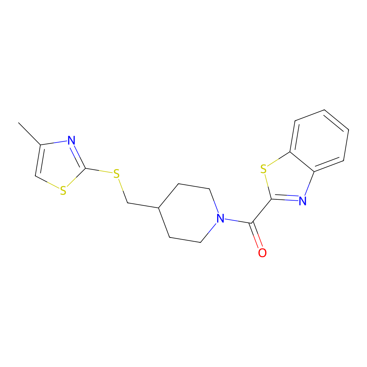Benzo[d]thiazol-2-yl(4-(((4-methylthiazol-2-yl)thio)methyl)piperidin-1-yl)methanone molecular structure, CAS 1421497-39-3