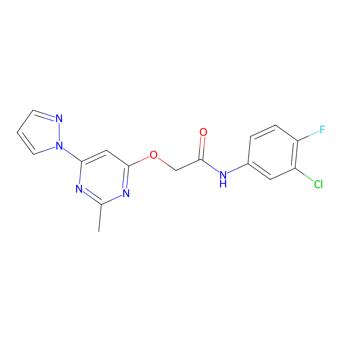 N-(3-chloro-4-fluorophenyl)-2-((2-methyl-6-(1H-pyrazol-1-yl)pyrimidin-4-yl)oxy)acetamide molecular structure, CAS 1421497-41-7