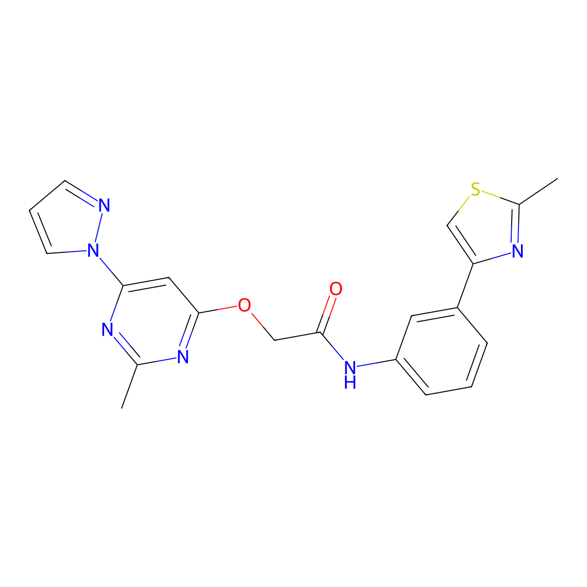 2-((2-methyl-6-(1H-pyrazol-1-yl)pyrimidin-4-yl)oxy)-N-(3-(2-methylthiazol-4-yl)phenyl)acetamide molecular structure, CAS 1421497-47-3