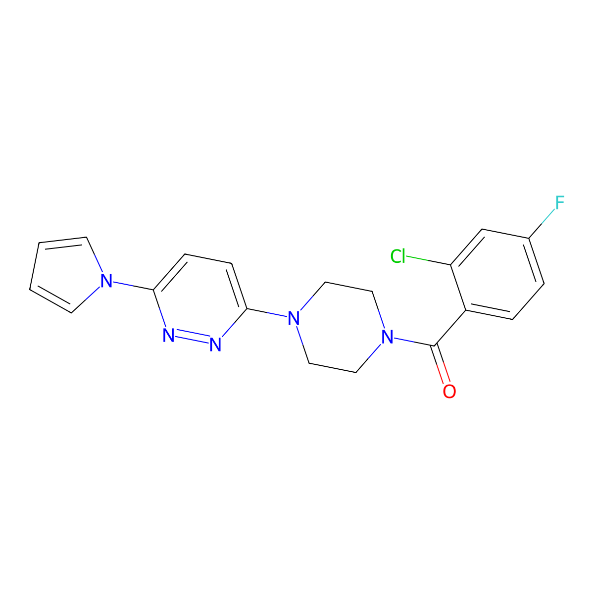 (4-(6-(1H-pyrrol-1-yl)pyridazin-3-yl)piperazin-1-yl)(2-chloro-4-fluorophenyl)methanone molecular structure, CAS 1421497-50-8