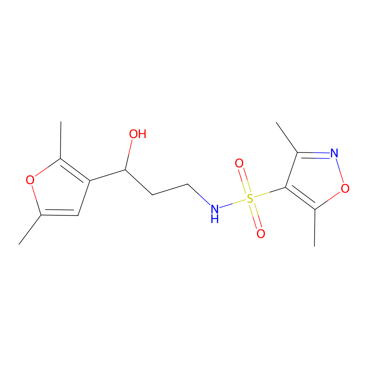 N-(3-(2,5-dimethylfuran-3-yl)-3-hydroxypropyl)-3,5-dimethylisoxazole-4-sulfonamide molecular structure, CAS 1421497-66-6