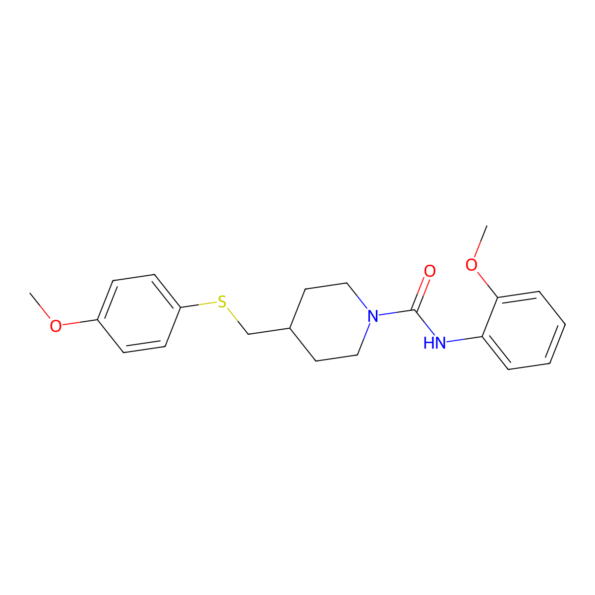 N-(2-methoxyphenyl)-4-(((4-methoxyphenyl)thio)methyl)piperidine-1-carboxamide molecular structure, CAS 1421497-67-7