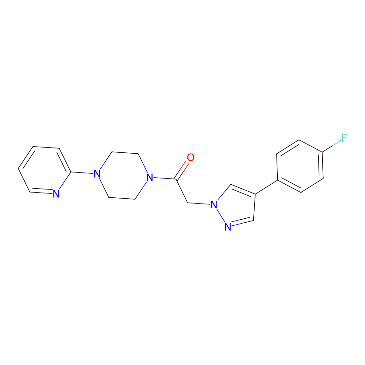 2-(4-(4-fluorophenyl)-1H-pyrazol-1-yl)-1-(4-(pyridin-2-yl)piperazin-1-yl)ethanone molecular structure, CAS 1421497-87-1