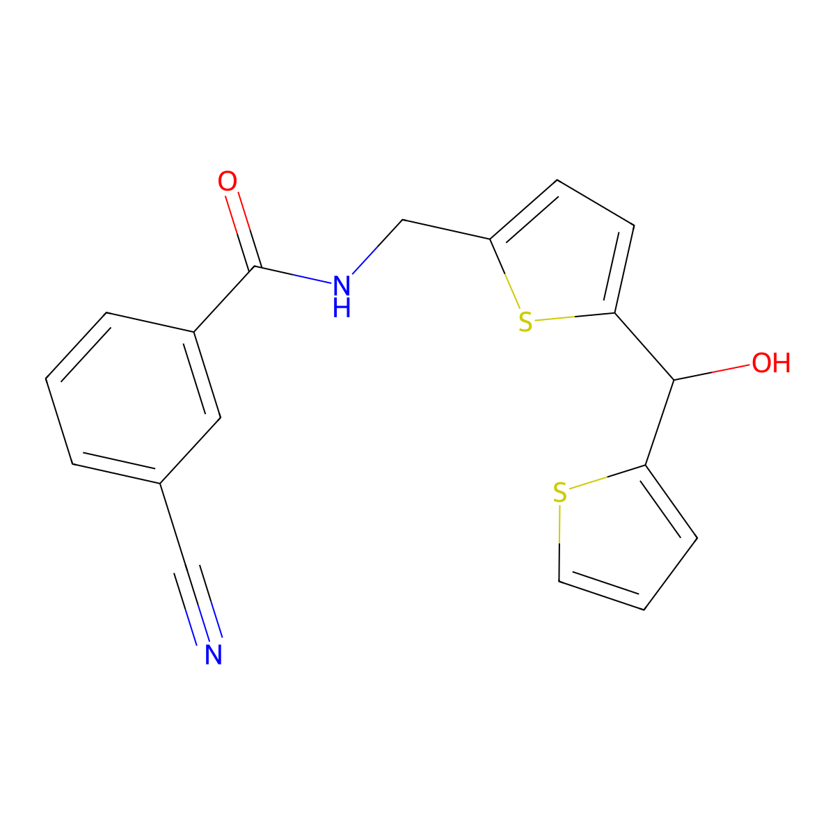 3-cyano-N-((5-(hydroxy(thiophen-2-yl)methyl)thiophen-2-yl)methyl)benzamide molecular structure, CAS 1421497-98-4