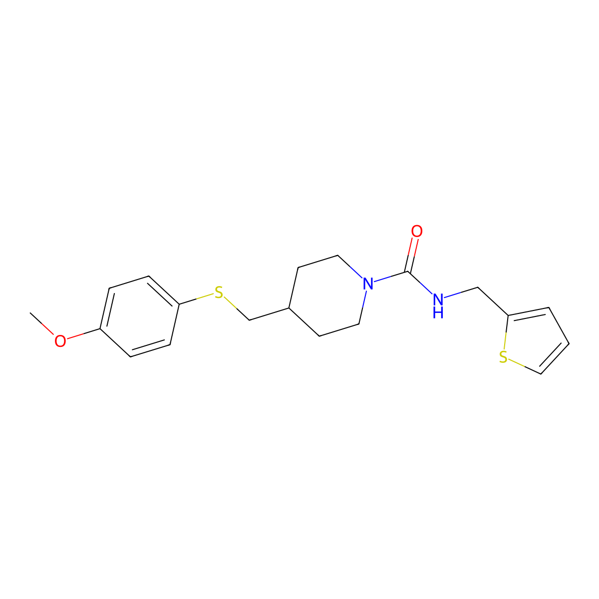 4-(((4-methoxyphenyl)thio)methyl)-N-(thiophen-2-ylmethyl)piperidine-1-carboxamide molecular structure, CAS 1421498-01-2