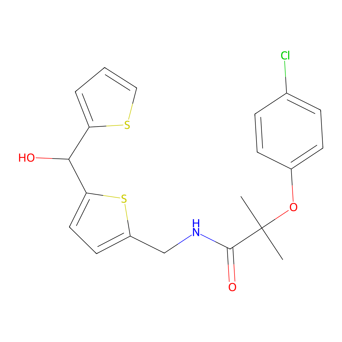 2-(4-Chlorophenoxy)-N-({5-[hydroxy(thiophen-2-YL)methyl]thiophen-2-YL}methyl)-2-methylpropanamide molecular structure, CAS 1421498-05-6