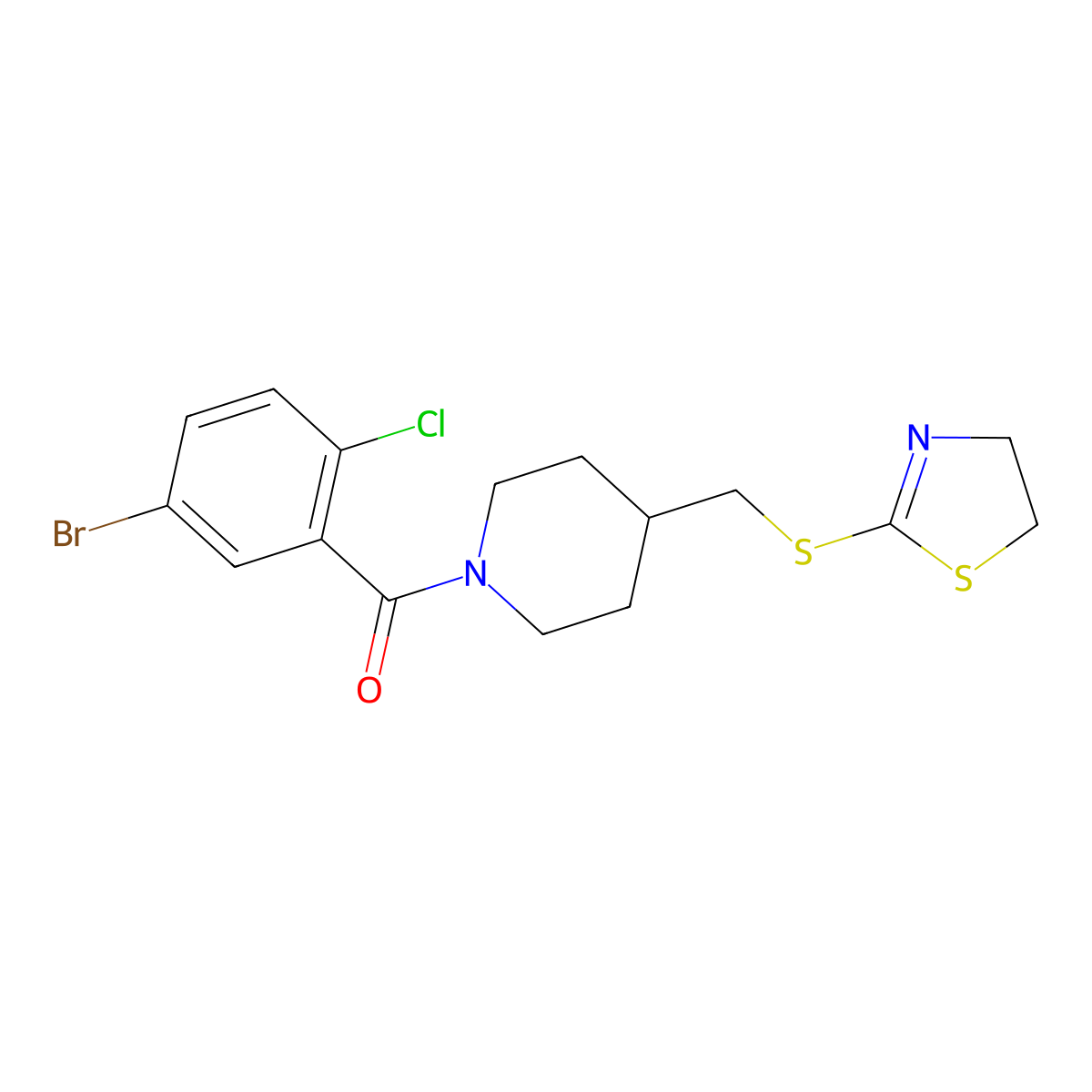 (5-Bromo-2-chlorophenyl)(4-(((4,5-dihydrothiazol-2-yl)thio)methyl)piperidin-1-yl)methanone molecular structure, CAS 1421498-09-0