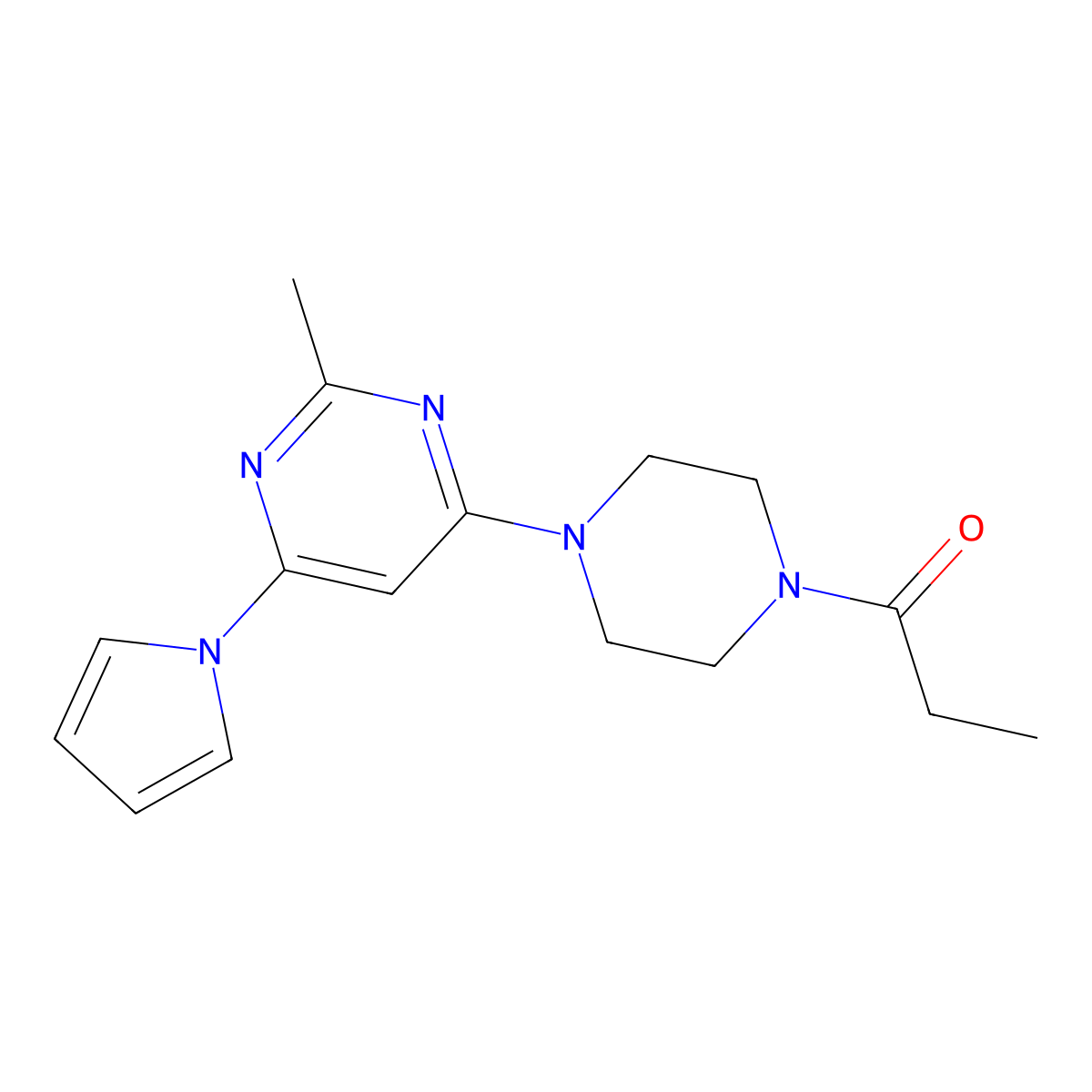 1-(4-(2-methyl-6-(1H-pyrrol-1-yl)pyrimidin-4-yl)piperazin-1-yl)propan-1-one molecular structure, CAS 1421498-13-6