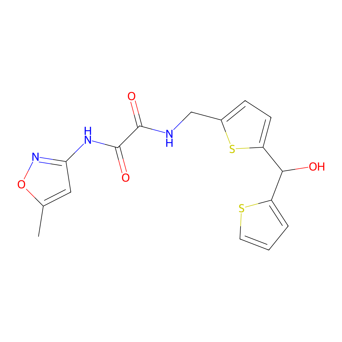 N1-((5-(hydroxy(thiophen-2-yl)methyl)thiophen-2-yl)methyl)-N2-(5-methylisoxazol-3-yl)oxalamide molecular structure, CAS 1421498-16-9