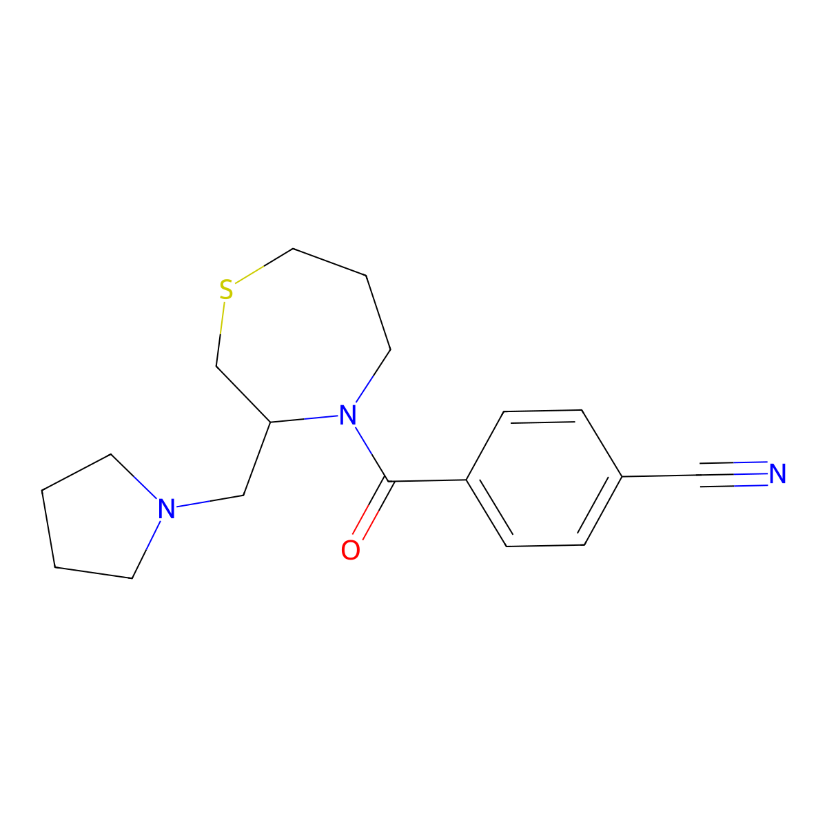 4-(3-(Pyrrolidin-1-ylmethyl)-1,4-thiazepane-4-carbonyl)benzonitrile molecular structure, CAS 1421498-19-2