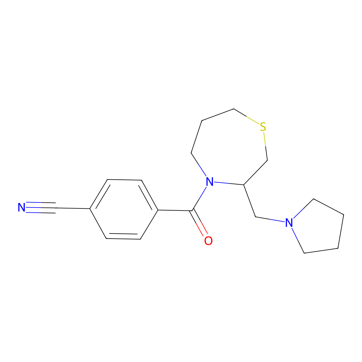 4-(3-(Pyrrolidin-1-ylmethyl)-1,4-thiazepane-4-carbonyl)benzonitrile molecular structure, CAS 1421498-19-2