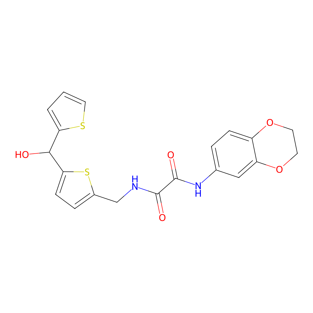 N1-(2,3-dihydrobenzo[b][1,4]dioxin-6-yl)-N2-((5-(hydroxy(thiophen-2-yl)methyl)thiophen-2-yl)methyl)oxalamide molecular structure, CAS 1421498-24-9