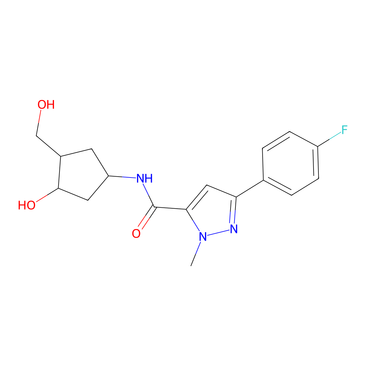 3-(4-fluorophenyl)-N-(3-hydroxy-4-(hydroxymethyl)cyclopentyl)-1-methyl-1H-pyrazole-5-carboxamide molecular structure, CAS 1421498-36-3