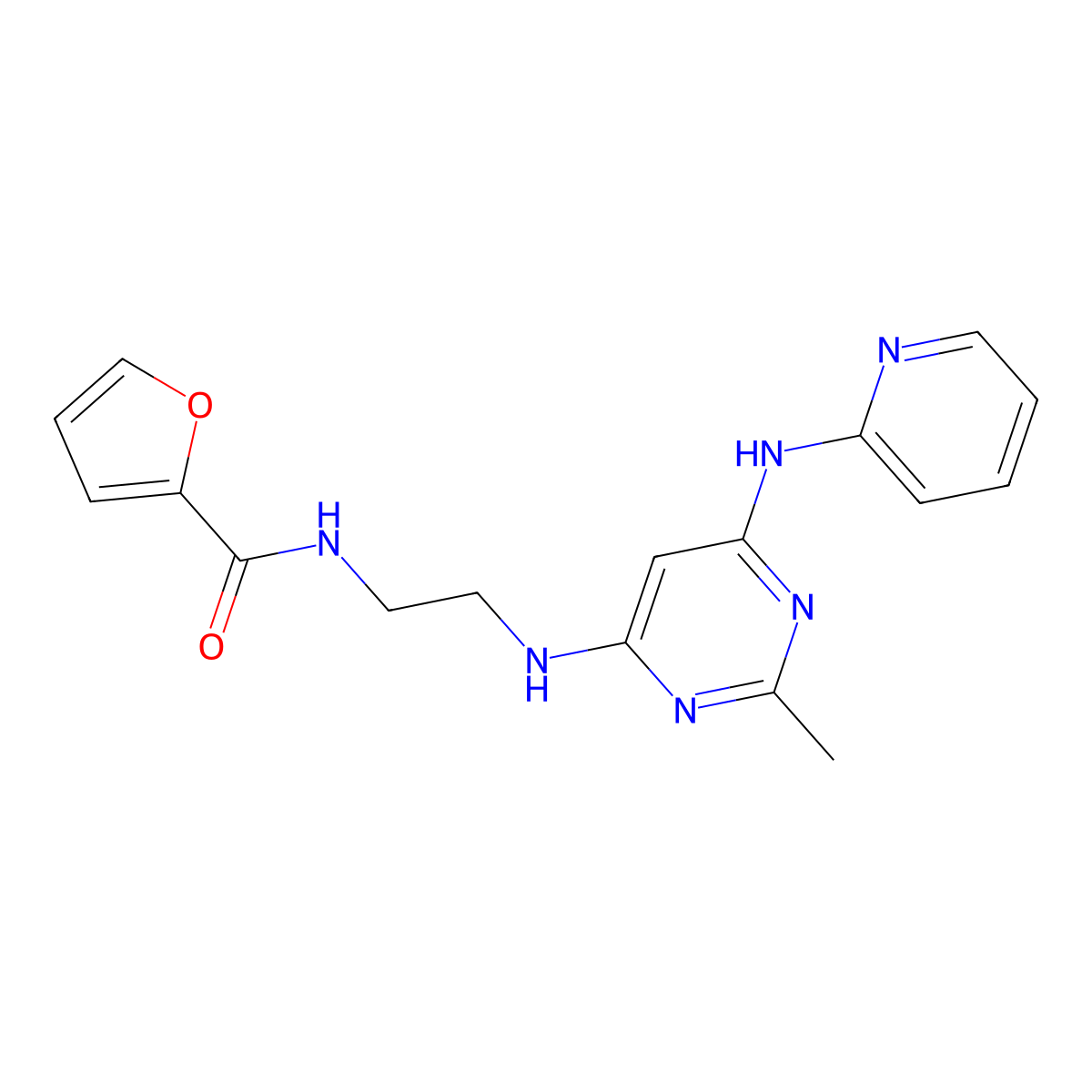 N-(2-((2-methyl-6-(pyridin-2-ylamino)pyrimidin-4-yl)amino)ethyl)furan-2-carboxamide molecular structure, CAS 1421498-49-8