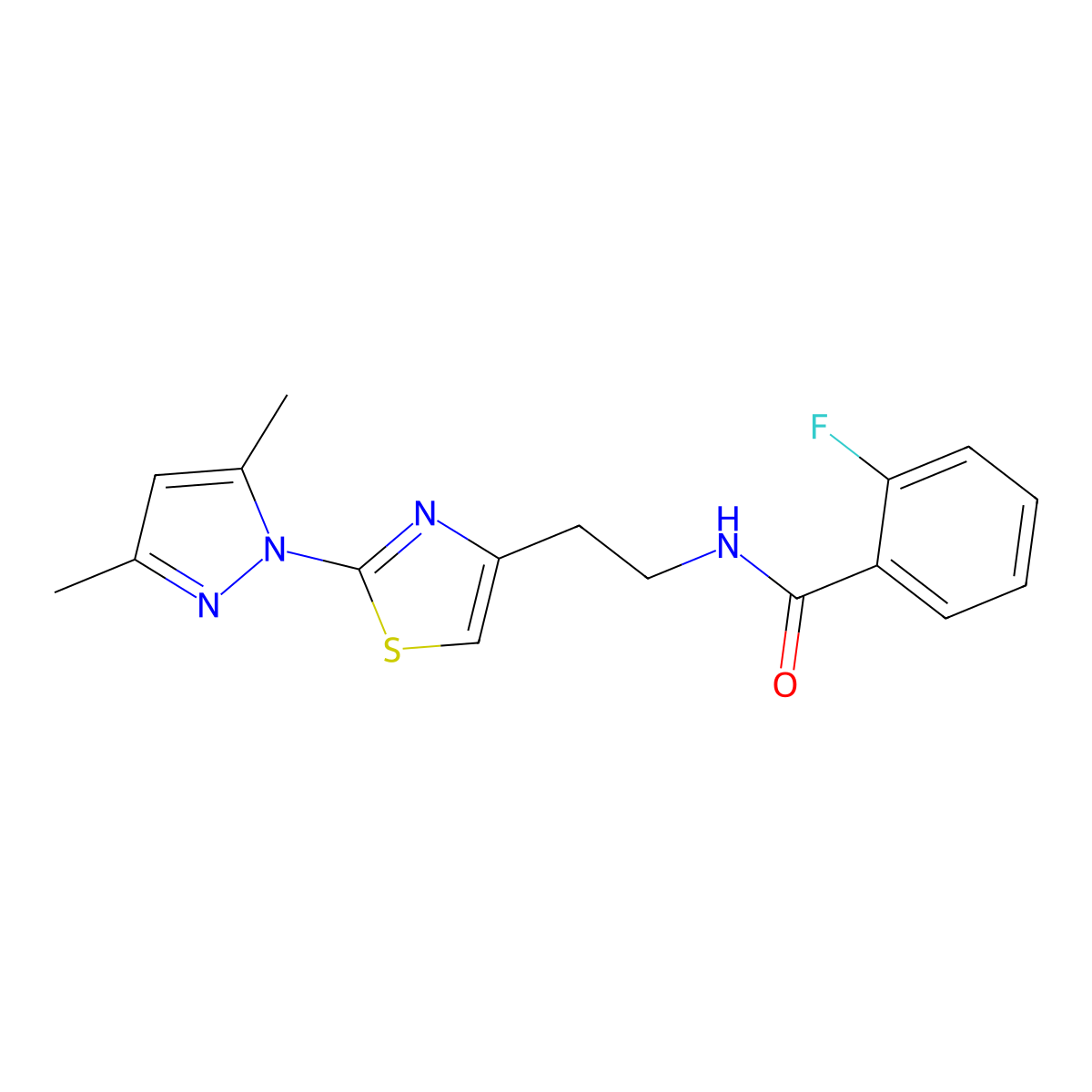 N-(2-(2-(3,5-dimethyl-1H-pyrazol-1-yl)thiazol-4-yl)ethyl)-2-fluorobenzamide molecular structure, CAS 1421498-64-7