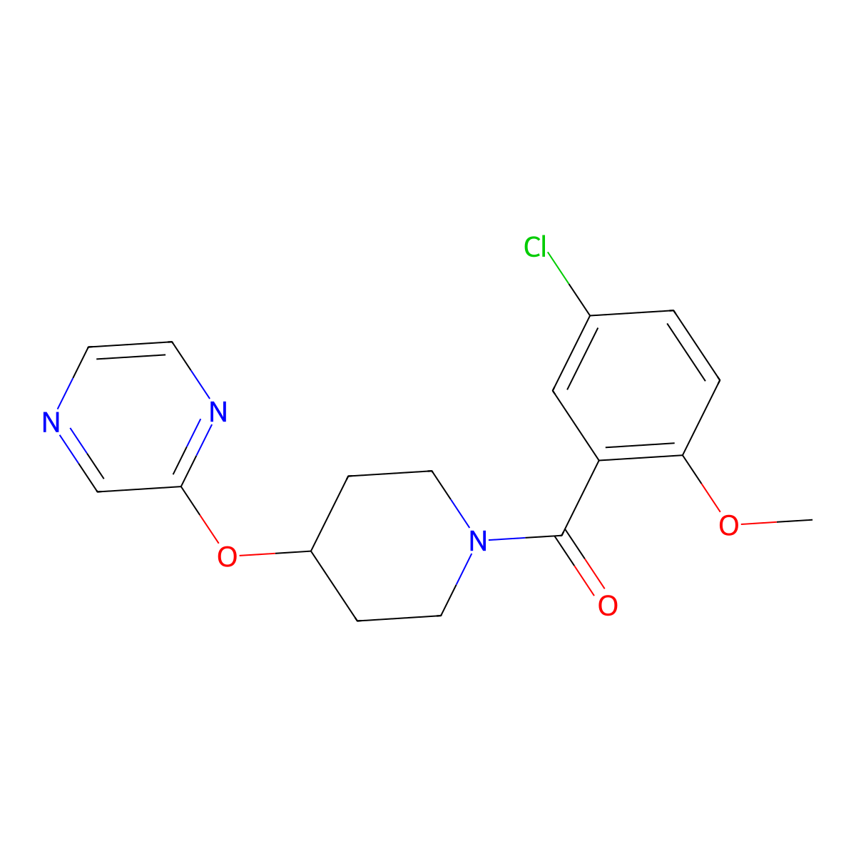 (5-Chloro-2-methoxyphenyl)(4-(pyrazin-2-yloxy)piperidin-1-yl)methanone molecular structure, CAS 1421498-65-8