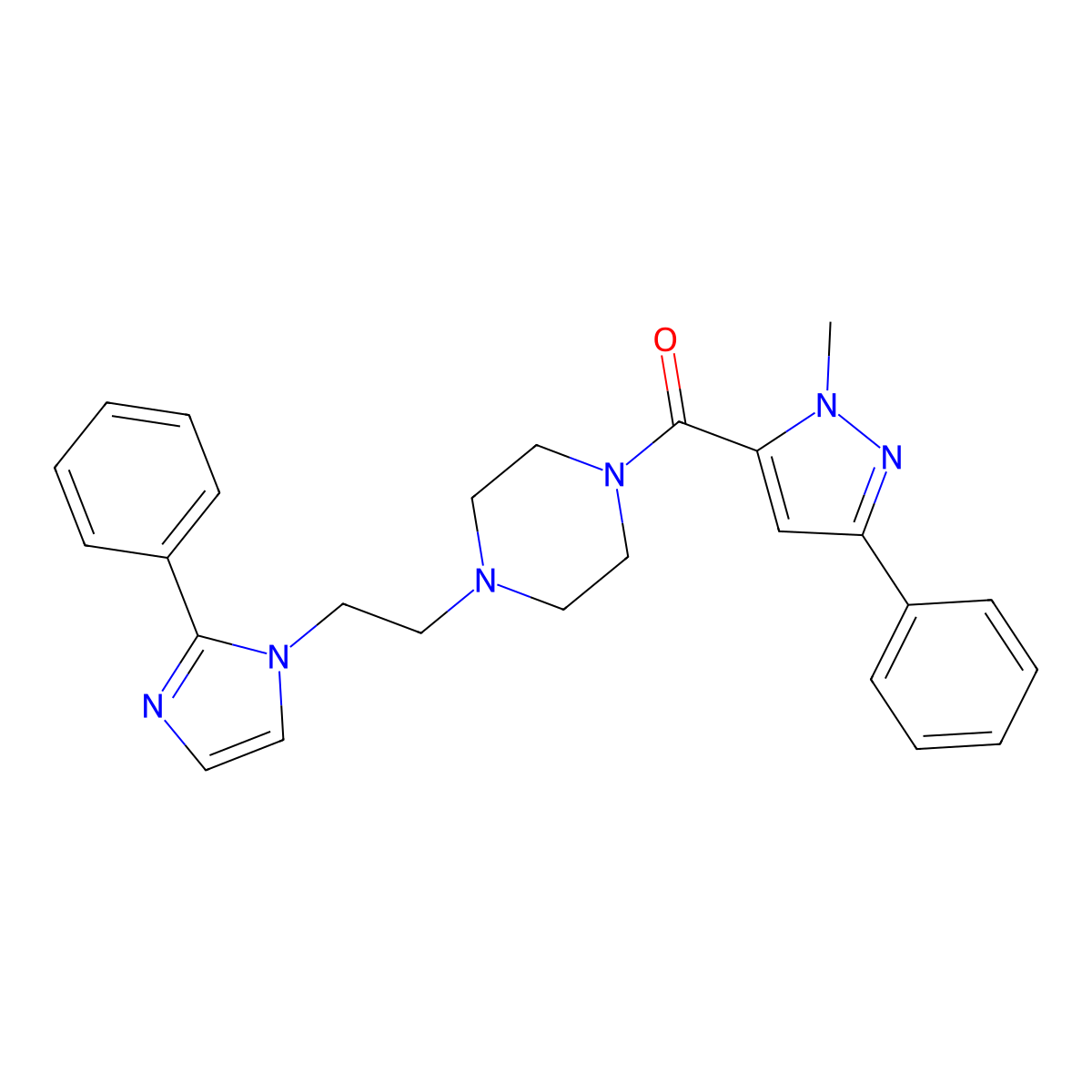(1-methyl-3-phenyl-1H-pyrazol-5-yl)(4-(2-(2-phenyl-1H-imidazol-1-yl)ethyl)piperazin-1-yl)methanone molecular structure, CAS 1421498-72-7