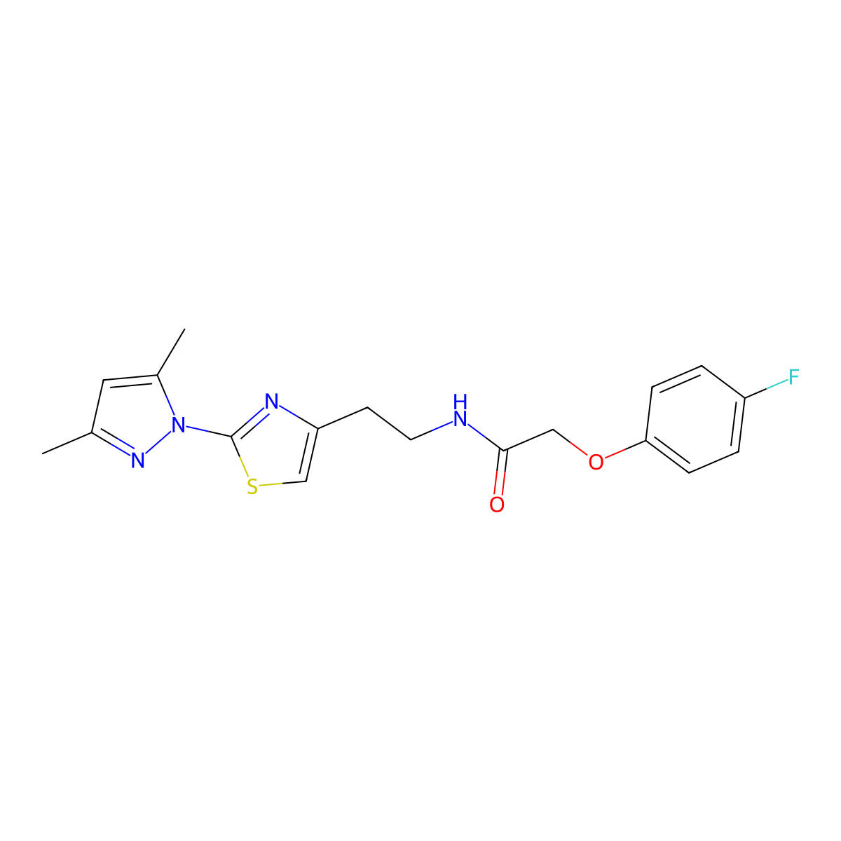 N-(2-(2-(3,5-dimethyl-1H-pyrazol-1-yl)thiazol-4-yl)ethyl)-2-(4-fluorophenoxy)acetamide molecular structure, CAS 1421498-74-9
