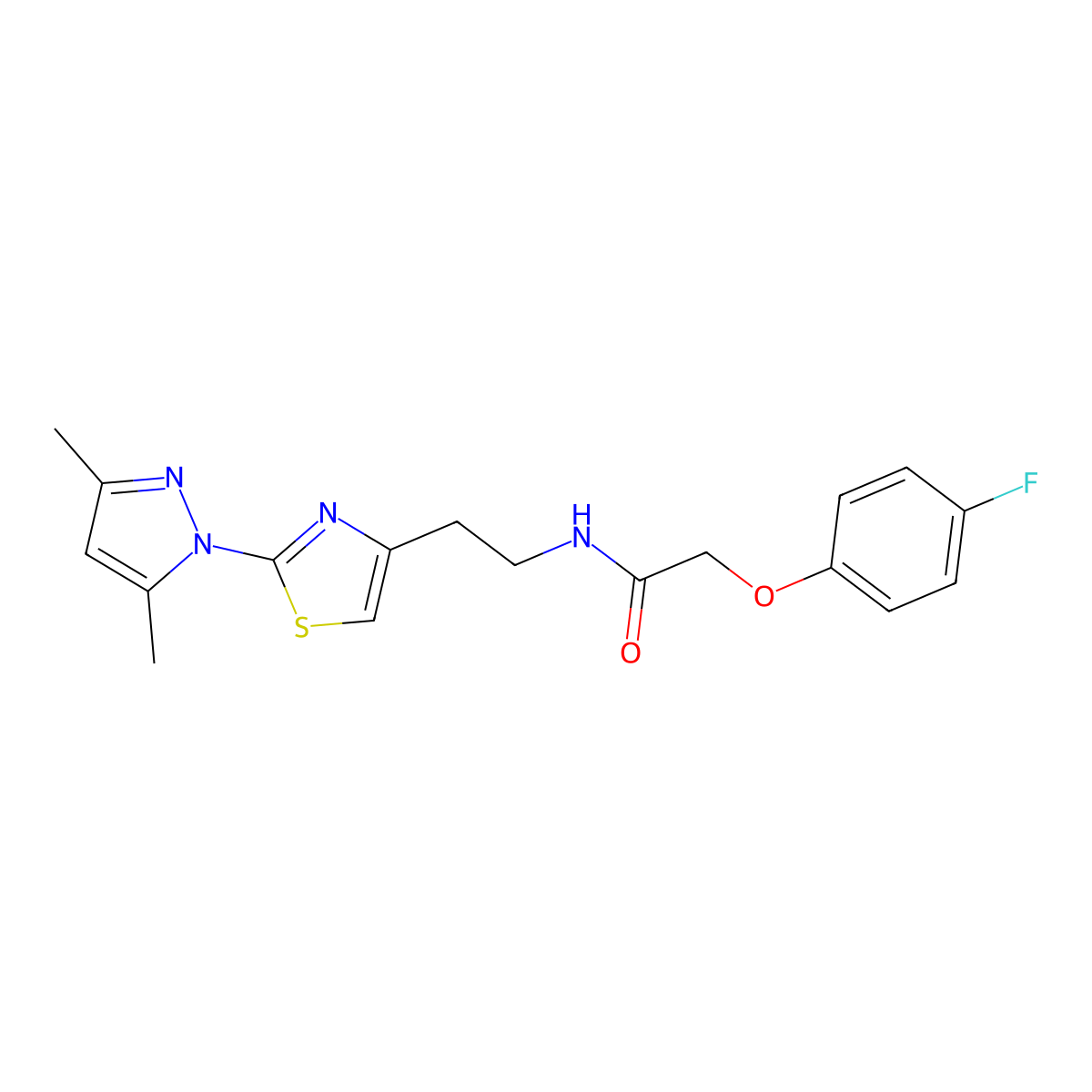 N-(2-(2-(3,5-dimethyl-1H-pyrazol-1-yl)thiazol-4-yl)ethyl)-2-(4-fluorophenoxy)acetamide molecular structure, CAS 1421498-74-9