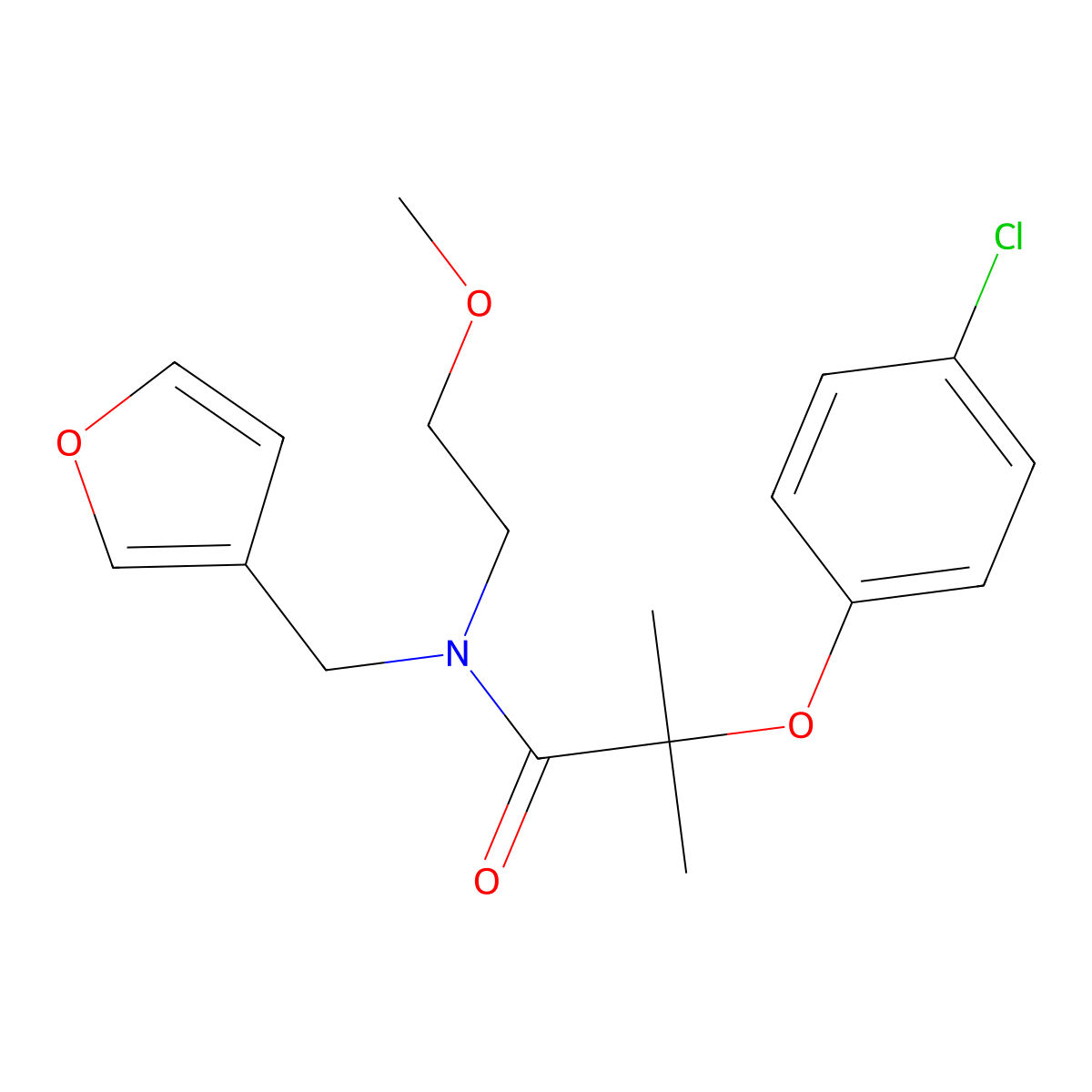 2-(4-chlorophenoxy)-N-(furan-3-ylmethyl)-N-(2-methoxyethyl)-2-methylpropanamide molecular structure, CAS 1421498-78-3