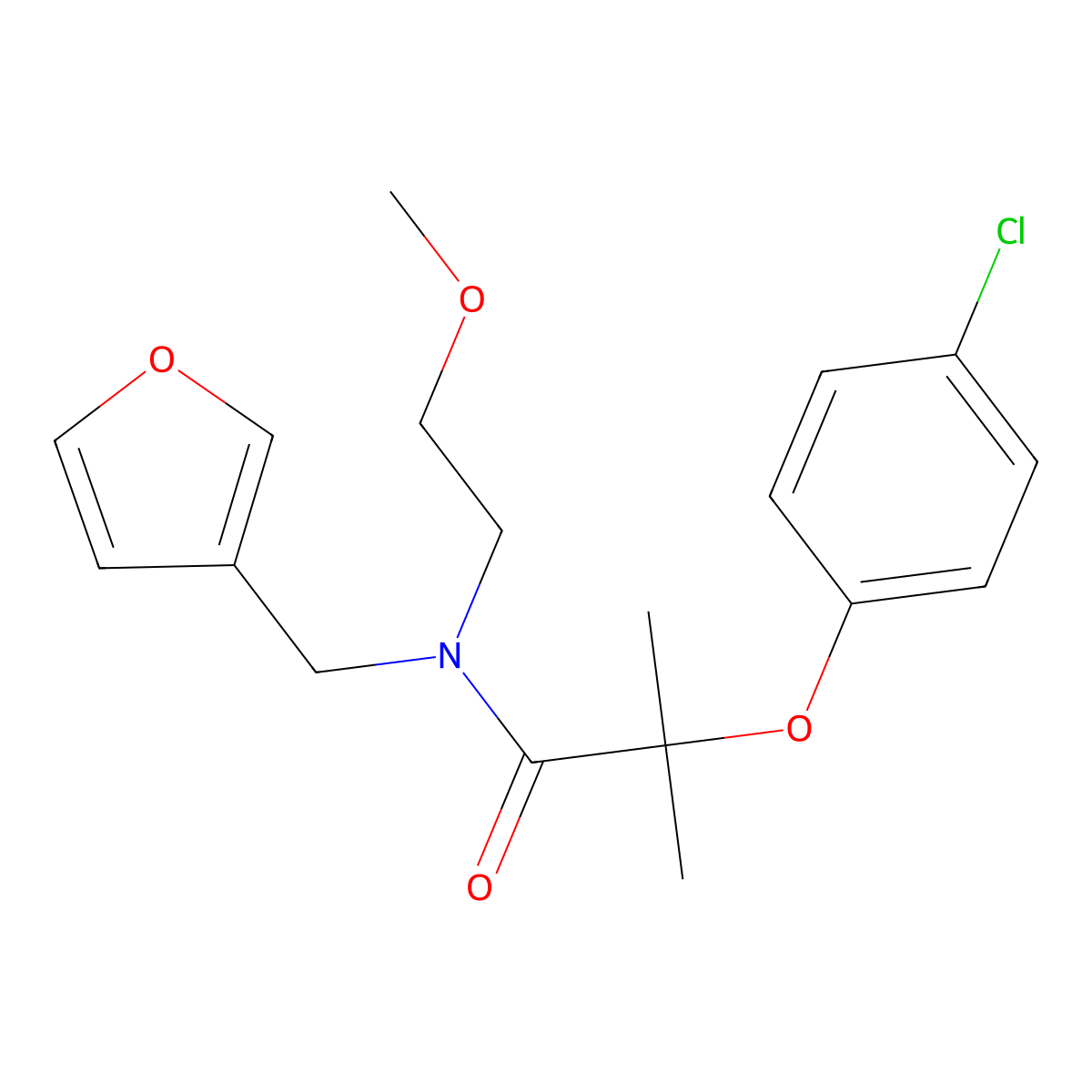 2-(4-chlorophenoxy)-N-(furan-3-ylmethyl)-N-(2-methoxyethyl)-2-methylpropanamide molecular structure, CAS 1421498-78-3