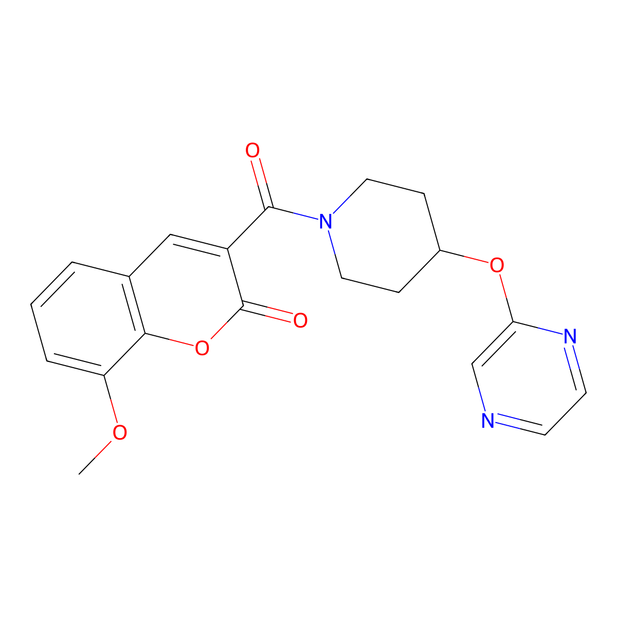 8-methoxy-3-(4-(pyrazin-2-yloxy)piperidine-1-carbonyl)-2H-chromen-2-one molecular structure, CAS 1421498-82-9