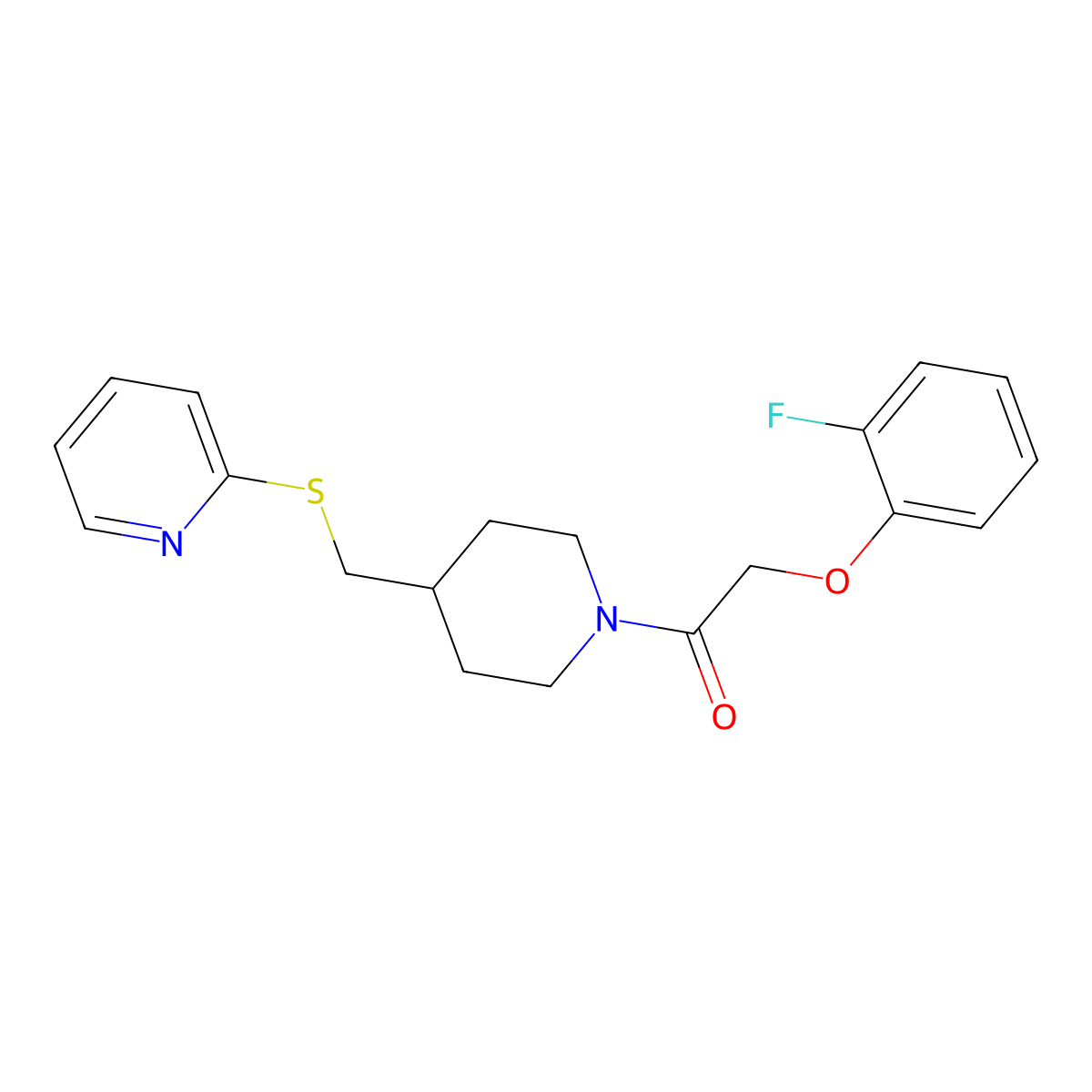 2-(2-Fluorophenoxy)-1-(4-((pyridin-2-ylthio)methyl)piperidin-1-yl)ethanone molecular structure, CAS 1421498-93-2