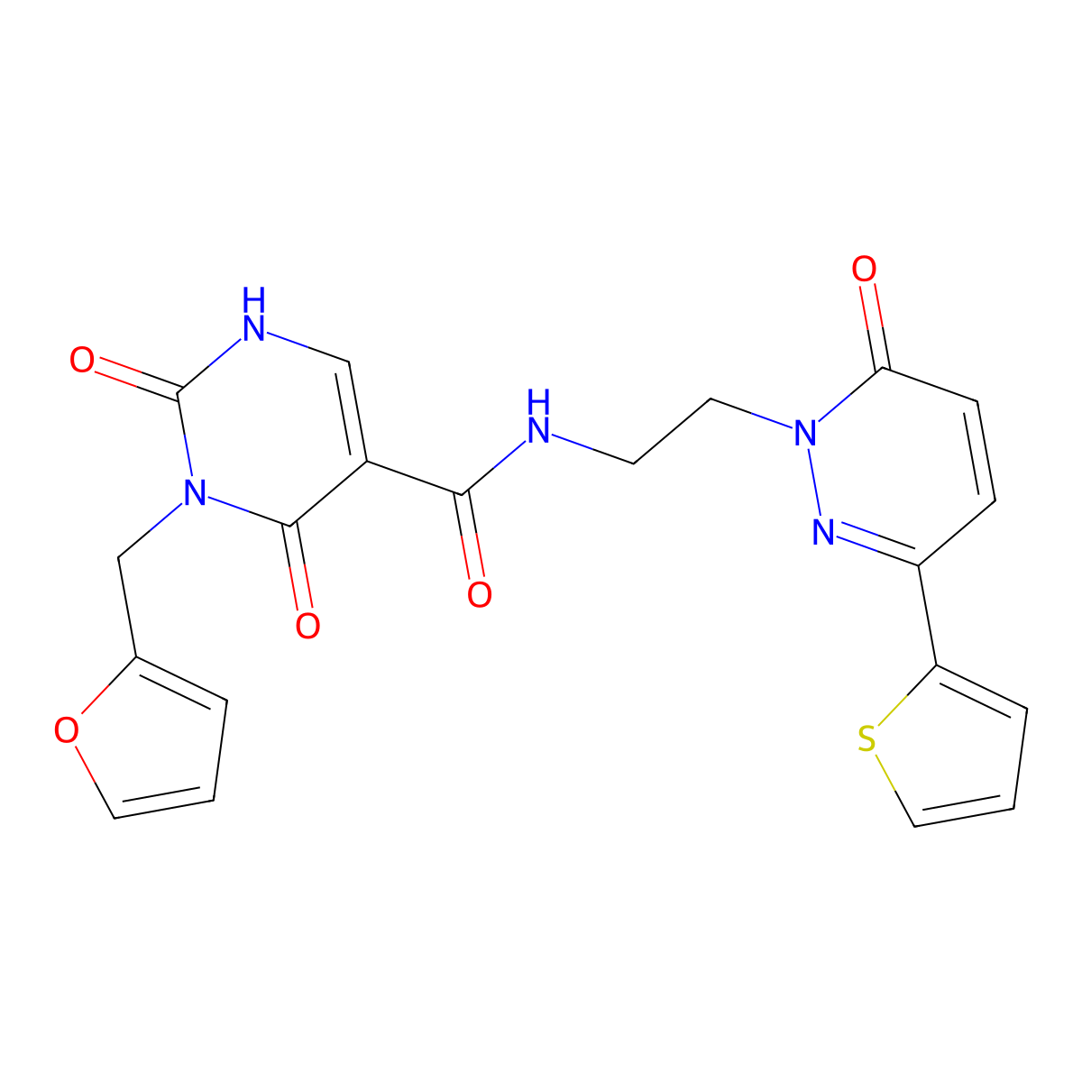 3-(furan-2-ylmethyl)-2,4-dioxo-N-(2-(6-oxo-3-(thiophen-2-yl)pyridazin-1(6H)-yl)ethyl)-1,2,3,4-tetrahydropyrimidine-5-carboxamide molecular structure, CAS 1421498-94-3