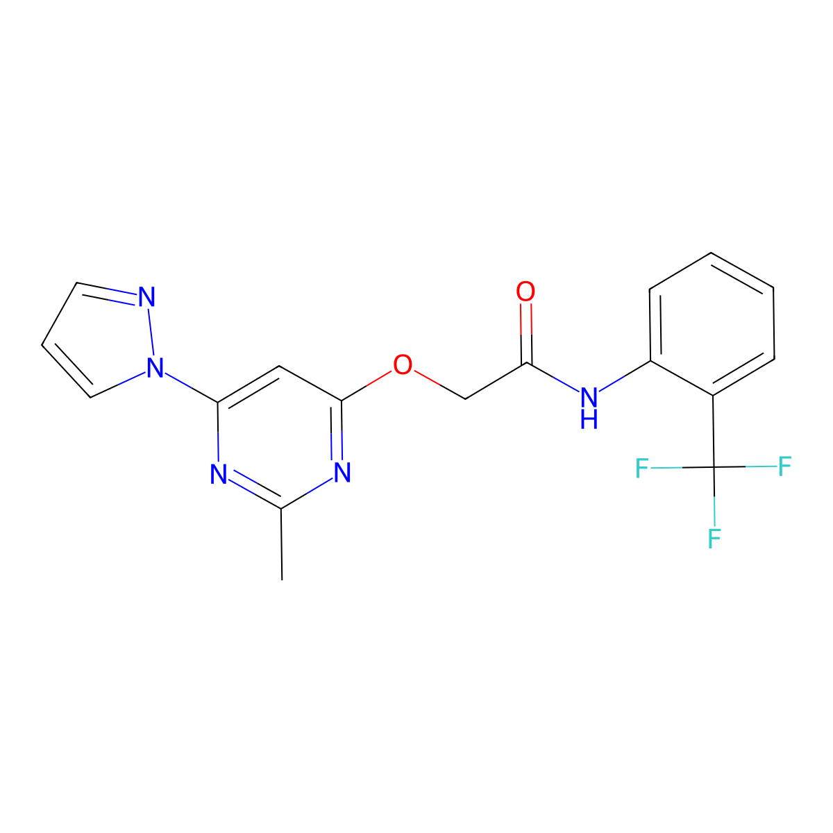 2-{[2-methyl-6-(1H-pyrazol-1-yl)pyrimidin-4-yl]oxy}-N-[2-(trifluoromethyl)phenyl]acetamide molecular structure, CAS 1421498-99-8