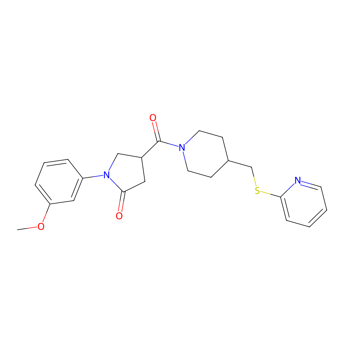1-(3-Methoxyphenyl)-4-(4-((pyridin-2-ylthio)methyl)piperidine-1-carbonyl)pyrrolidin-2-one molecular structure, CAS 1421499-04-8