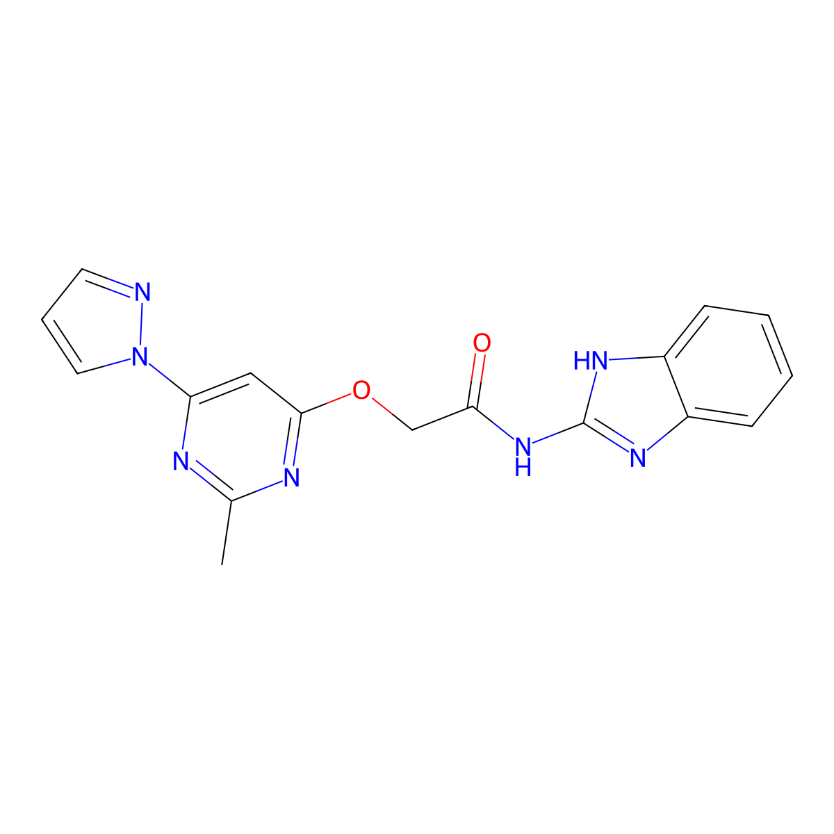 N-(1H-benzo[d]imidazol-2-yl)-2-((2-methyl-6-(1H-pyrazol-1-yl)pyrimidin-4-yl)oxy)acetamide molecular structure, CAS 1421499-08-2