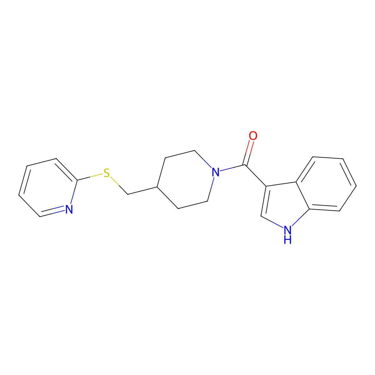 (1H-indol-3-yl)(4-((pyridin-2-ylthio)methyl)piperidin-1-yl)methanone molecular structure, CAS 1421499-12-8