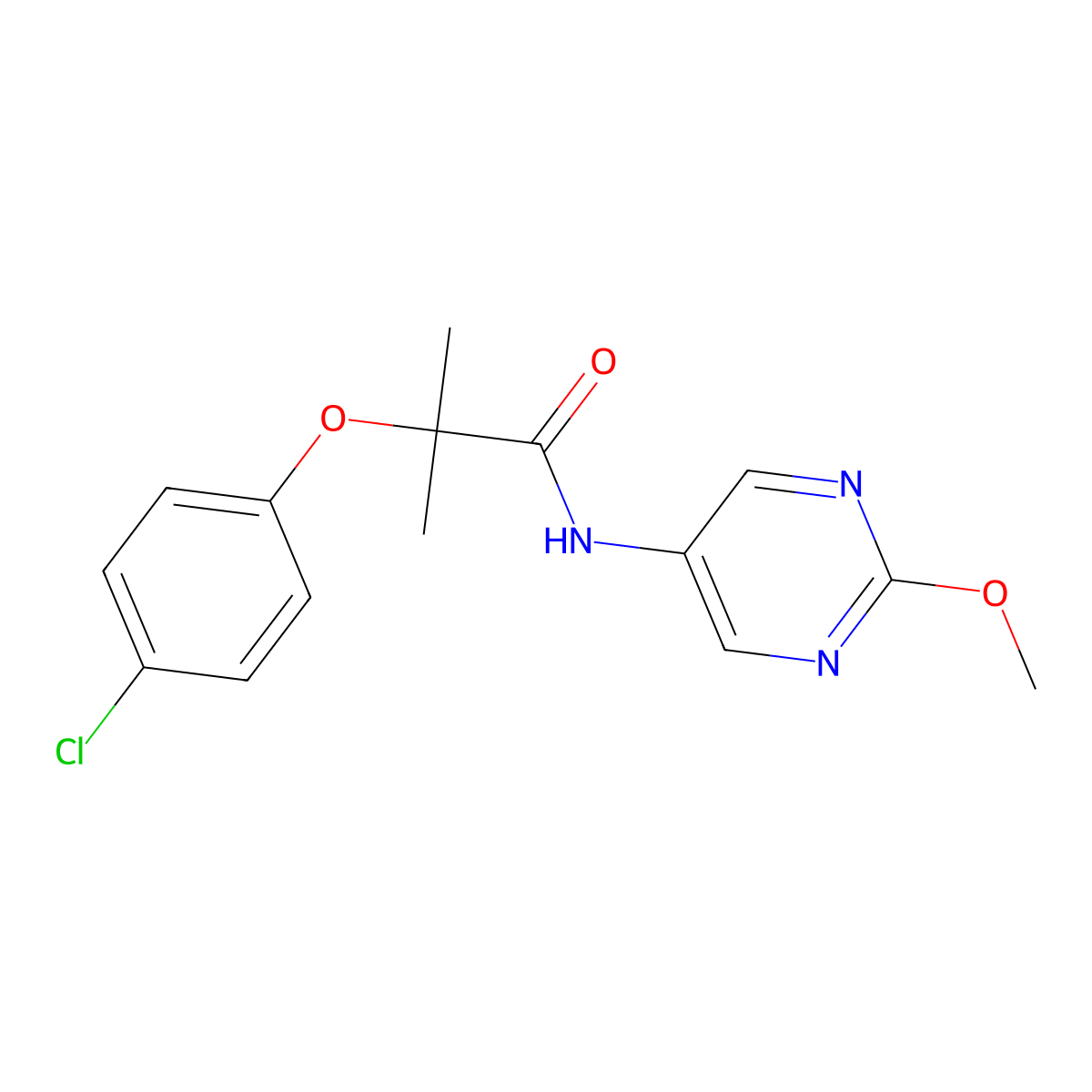 2-(4-chlorophenoxy)-N-(2-methoxypyrimidin-5-yl)-2-methylpropanamide molecular structure, CAS 1421499-17-3