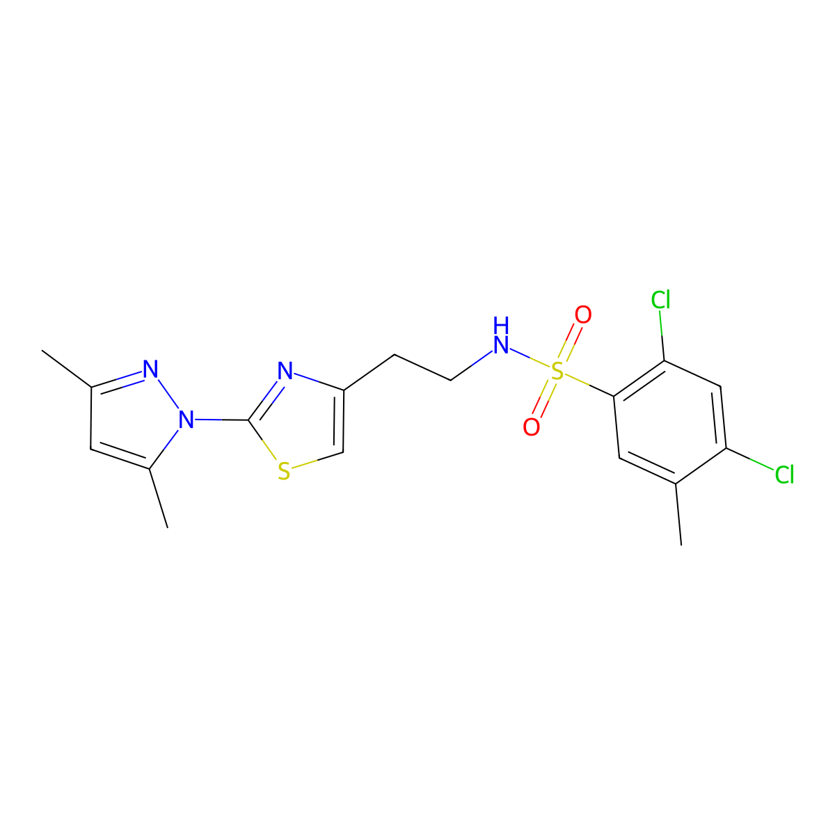 2,4-dichloro-N-(2-(2-(3,5-dimethyl-1H-pyrazol-1-yl)thiazol-4-yl)ethyl)-5-methylbenzenesulfonamide molecular structure, CAS 1421499-25-3