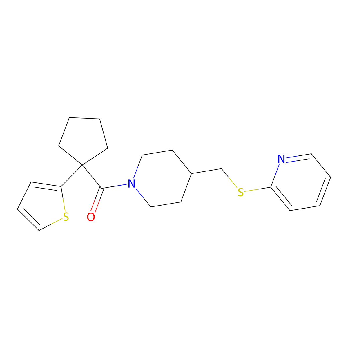 (4-((Pyridin-2-ylthio)methyl)piperidin-1-yl)(1-(thiophen-2-yl)cyclopentyl)methanone molecular structure, CAS 1421499-27-5