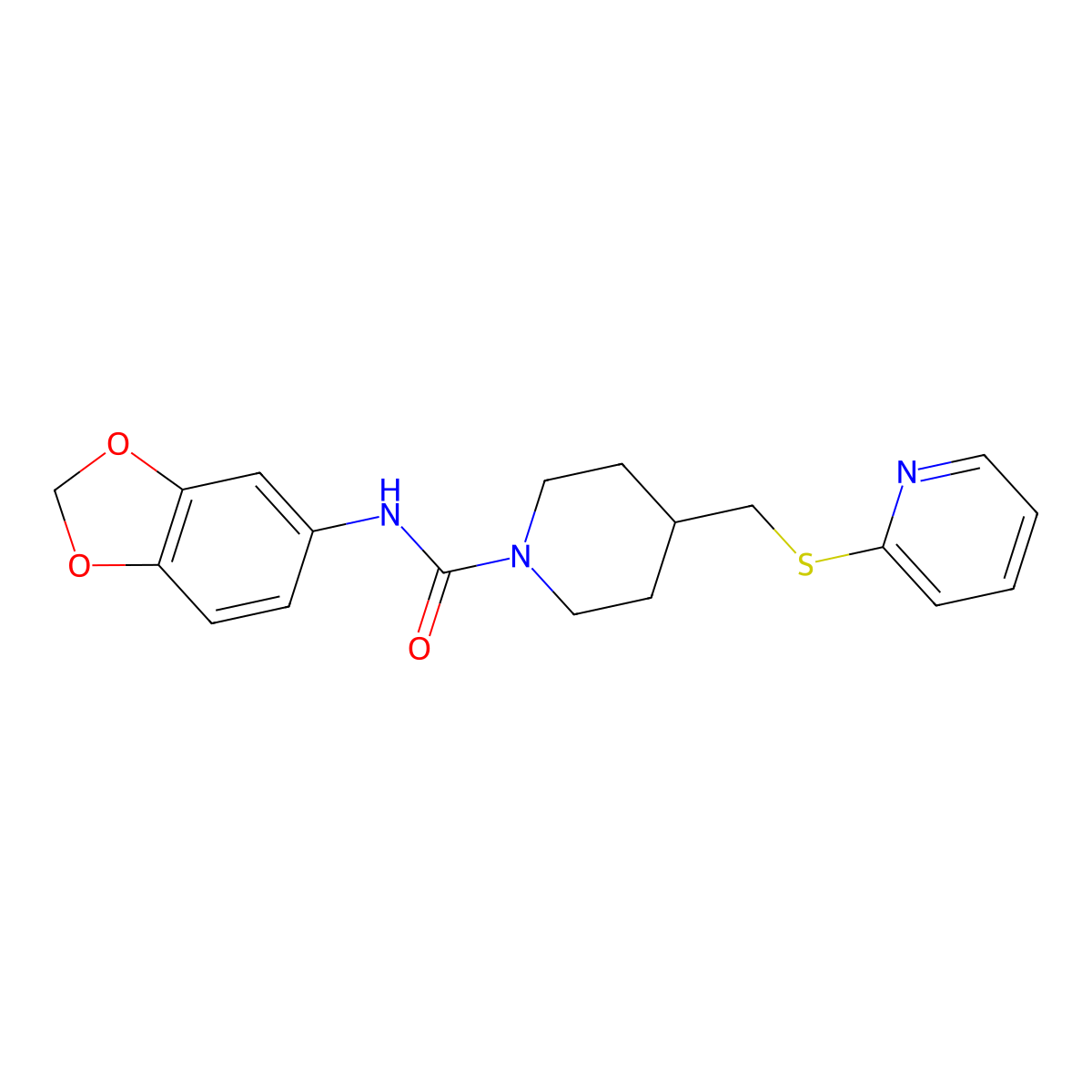 N-(benzo[d][1,3]dioxol-5-yl)-4-((pyridin-2-ylthio)methyl)piperidine-1-carboxamide molecular structure, CAS 1421499-38-8