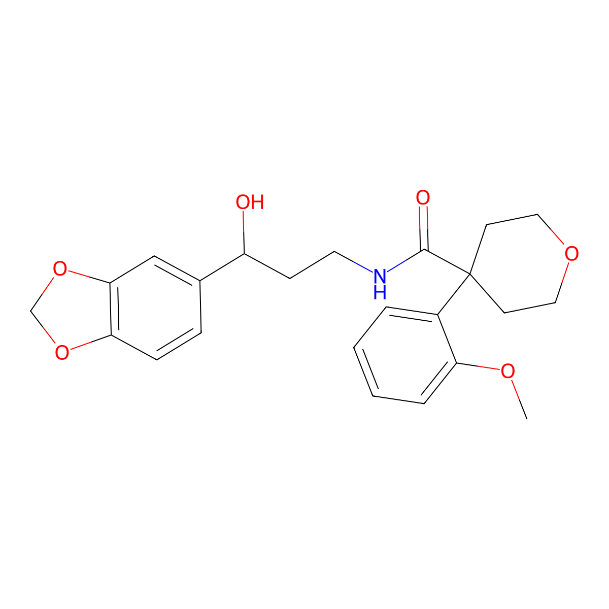N-(3-(benzo[d][1,3]dioxol-5-yl)-3-hydroxypropyl)-4-(2-methoxyphenyl)tetrahydro-2H-pyran-4-carboxamide molecular structure, CAS 1421499-46-8