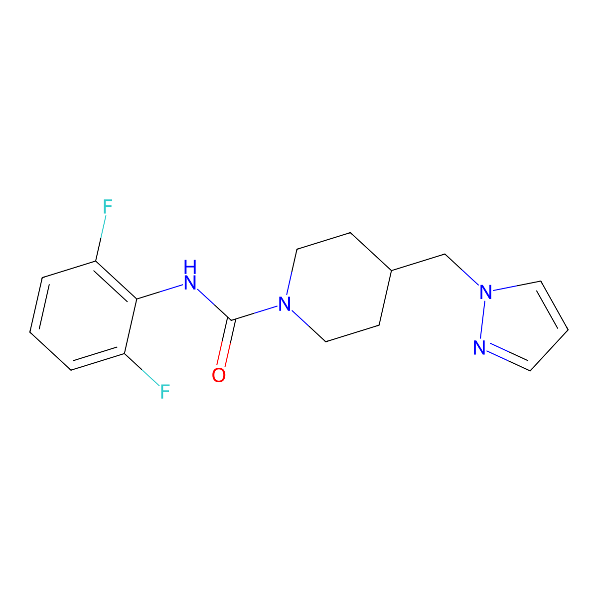 4-((1H-pyrazol-1-yl)methyl)-N-(2,6-difluorophenyl)piperidine-1-carboxamide molecular structure, CAS 1421499-51-5